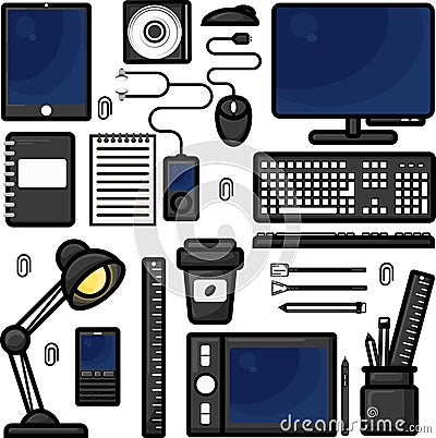 Office objects set isolated on white background. Working space. Top view of workplace desk. Realistic objects. View from above. Si Vector Illustration